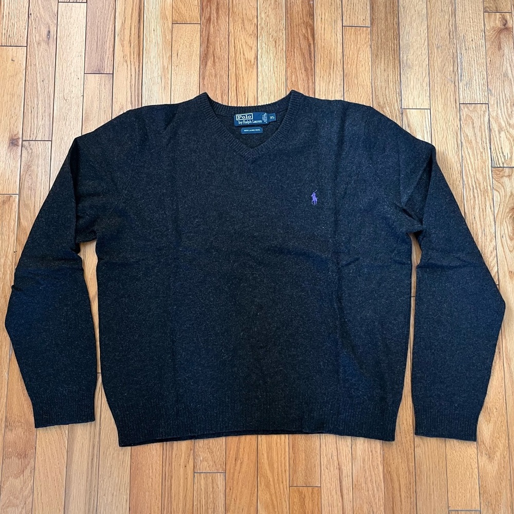 Polo Ralph Lauren Men's Dark Gray Lambswool Sweater Italian V Neck Preppy Winter